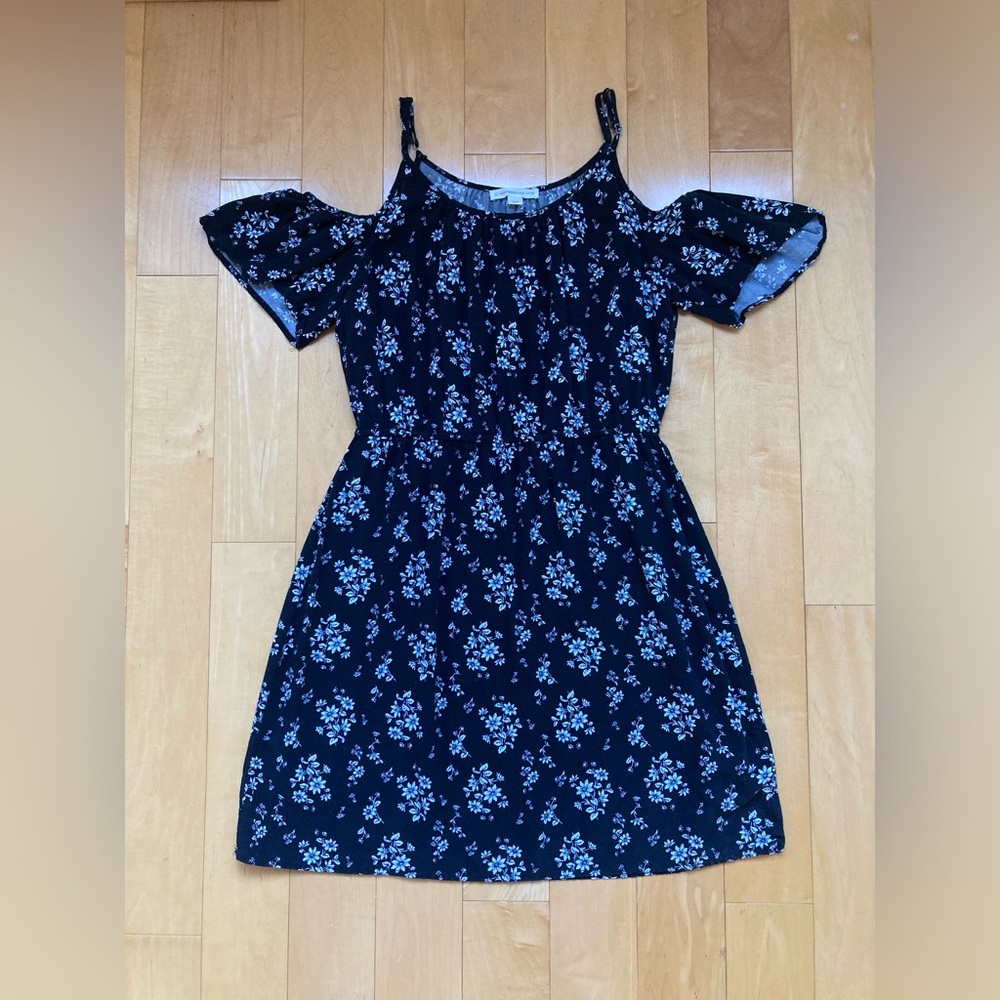 Warehouse One Black and White Floral Dress with Cold Shoulder Cut Outs